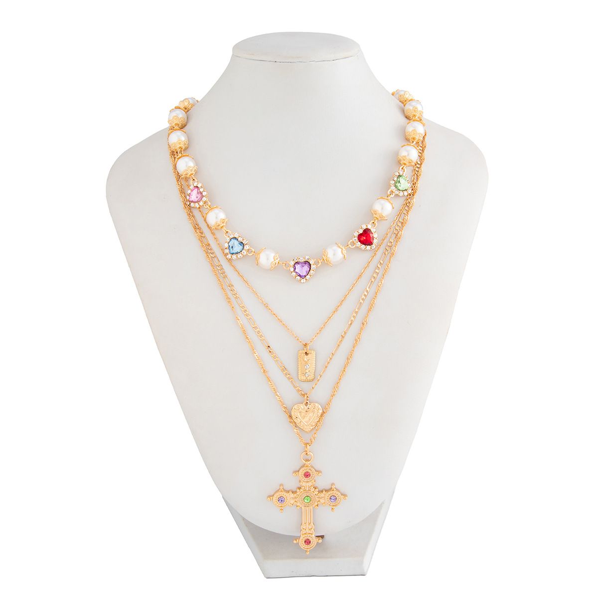 Salircon 3pcs/set Fashion Luxury Imitation Pearl Rhinestone Flower Beads Choker Necklace Men Exquisite Cross Pendant Jewelry