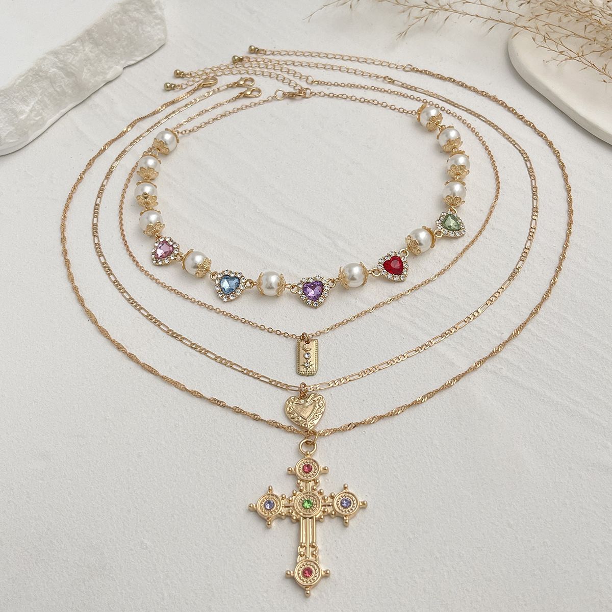 Salircon 3pcs/set Fashion Luxury Imitation Pearl Rhinestone Flower Beads Choker Necklace Men Exquisite Cross Pendant Jewelry