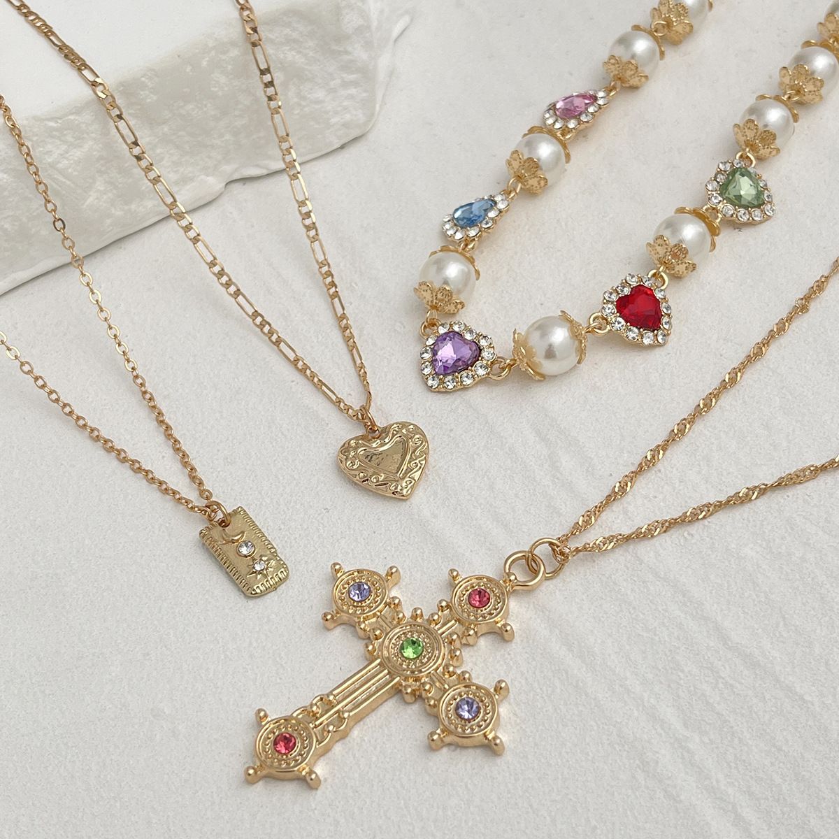 Salircon 3pcs/set Fashion Luxury Imitation Pearl Rhinestone Flower Beads Choker Necklace Men Exquisite Cross Pendant Jewelry