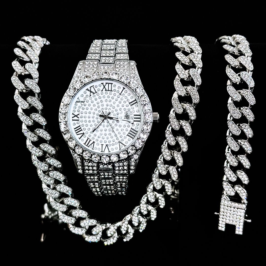 Luxury Jewelry Set Bling Iced out Cuban Chain Necklace Watch Bracelet For Man Street Club Rap Holiday Birthday Gifts Daily Wear(1*watch1*bracelet1*necklace)