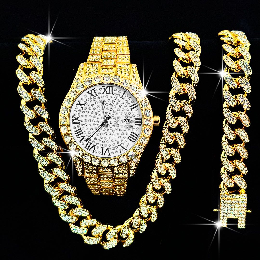 Luxury Jewelry Set Bling Iced out Cuban Chain Necklace Watch Bracelet For Man Street Club Rap Holiday Birthday Gifts Daily Wear(1*watch1*bracelet1*necklace)