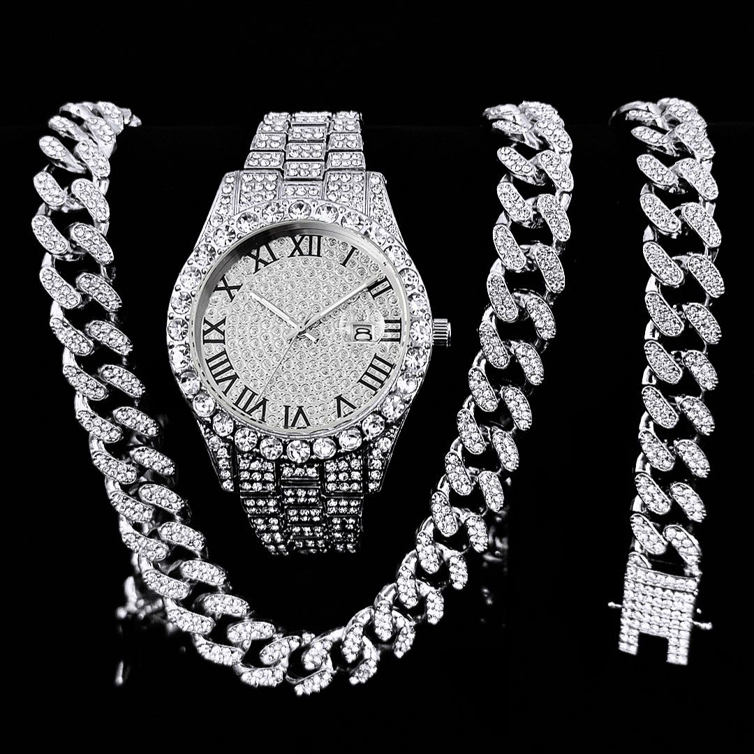 Luxury Jewelry Set Bling Iced out Cuban Chain Necklace Watch Bracelet For Man Street Club Rap Holiday Birthday Gifts Daily Wear(1*watch1*bracelet1*necklace)