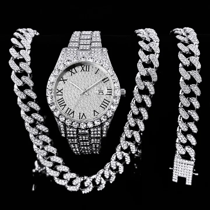 Luxury Jewelry Set Bling Iced out Cuban Chain Necklace Watch Bracelet For Man Street Club Rap Holiday Birthday Gifts Daily Wear(1*watch1*bracelet1*necklace)