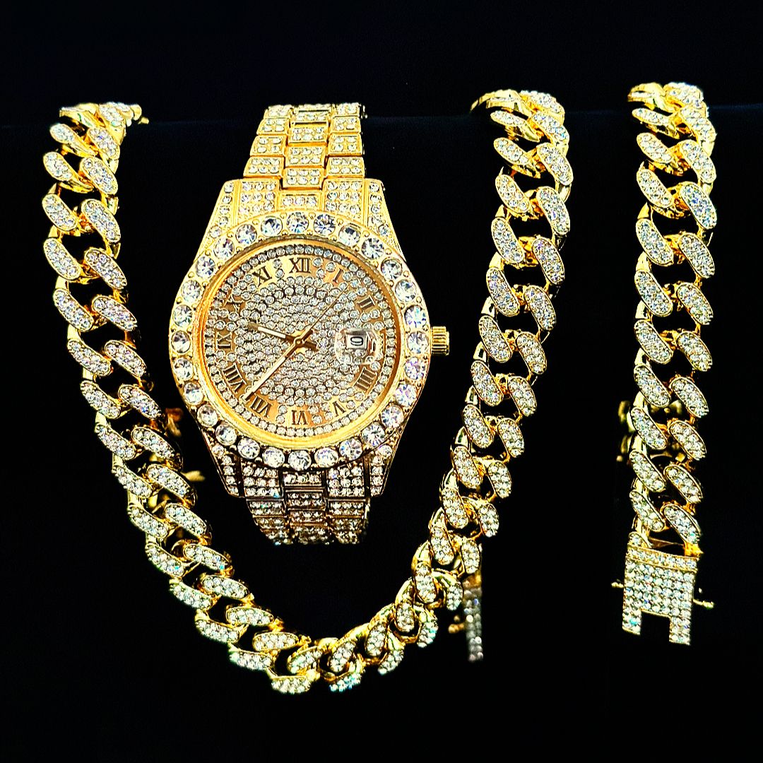 Luxury Jewelry Set Bling Iced out Cuban Chain Necklace Watch Bracelet For Man Street Club Rap Holiday Birthday Gifts Daily Wear(1*watch1*bracelet1*necklace)