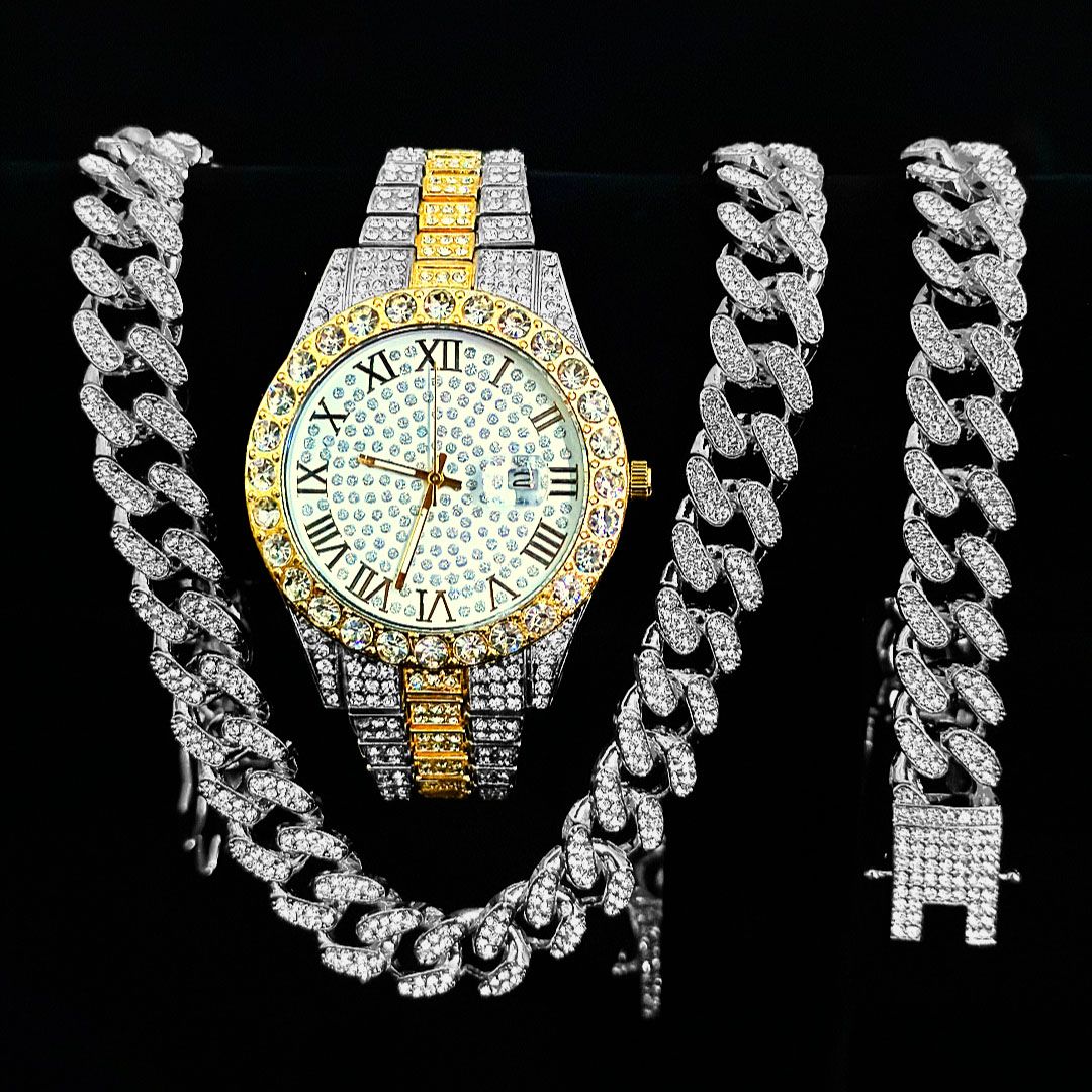 Luxury Jewelry Set Bling Iced out Cuban Chain Necklace Watch Bracelet For Man Street Club Rap Holiday Birthday Gifts Daily Wear(1*watch1*bracelet1*necklace)