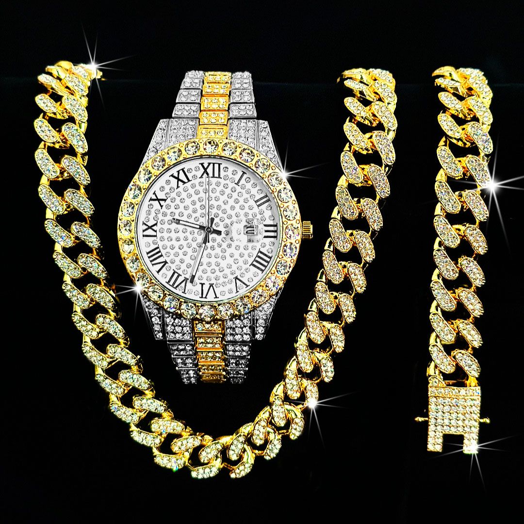 Luxury Jewelry Set Bling Iced out Cuban Chain Necklace Watch Bracelet For Man Street Club Rap Holiday Birthday Gifts Daily Wear(1*watch1*bracelet1*necklace)