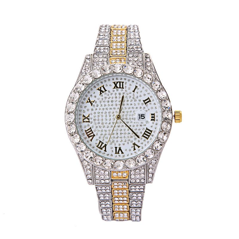 Luxury Jewelry Set Bling Iced out Cuban Chain Necklace Watch Bracelet For Man Street Club Rap Holiday Birthday Gifts Daily Wear(1*watch1*bracelet1*necklace)