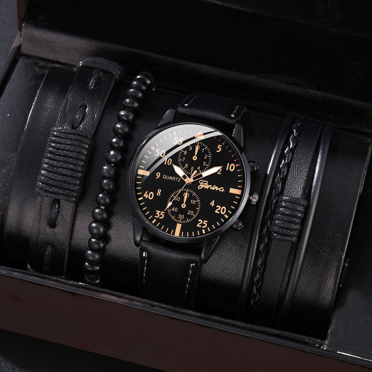 New Men Watch Luxury Bracelet Set Fashion Business Brown Leather Quartz Wrist Watches for Men Gift Set Relogio Masculino
