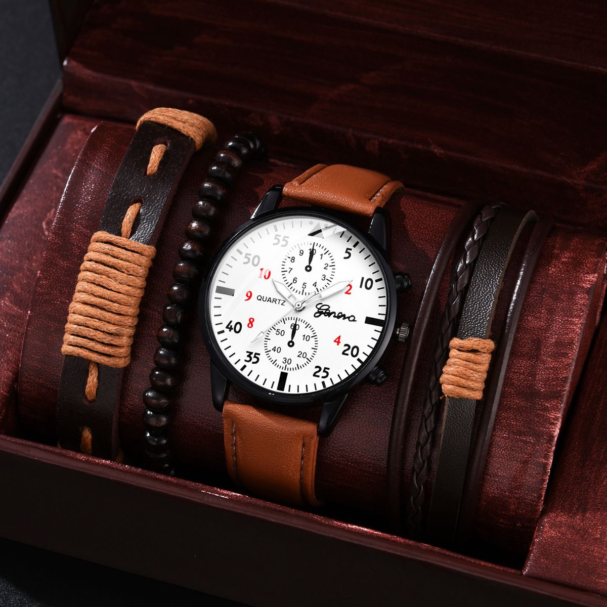 New Men Watch Luxury Bracelet Set Fashion Business Brown Leather Quartz Wrist Watches for Men Gift Set Relogio Masculino