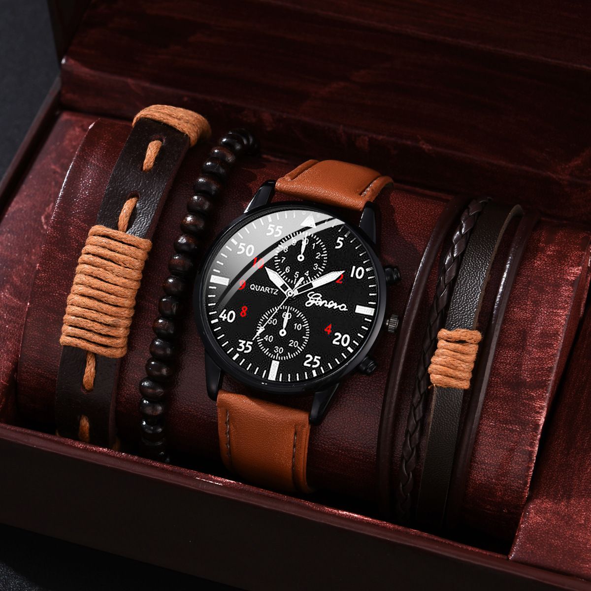 New Men Watch Luxury Bracelet Set Fashion Business Brown Leather Quartz Wrist Watches for Men Gift Set Relogio Masculino