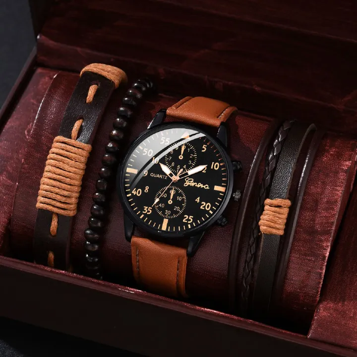 New Men Watch Luxury Bracelet Set Fashion Business Brown Leather Quartz Wrist Watches for Men Gift Set Relogio Masculino