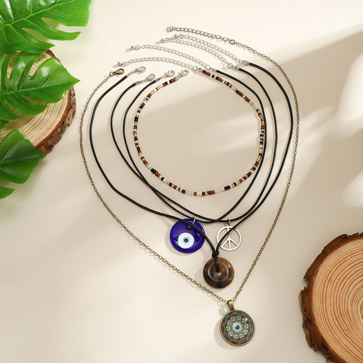 Bohemia Blue Eye Pendant Acrylic Beads Necklace for Women Multi-layer Black Wax Cord Rope Charm Choker Fashion Jewelry New