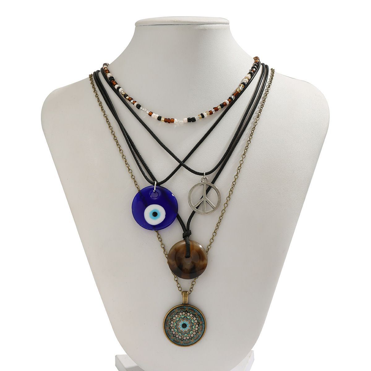 Bohemia Blue Eye Pendant Acrylic Beads Necklace for Women Multi-layer Black Wax Cord Rope Charm Choker Fashion Jewelry New