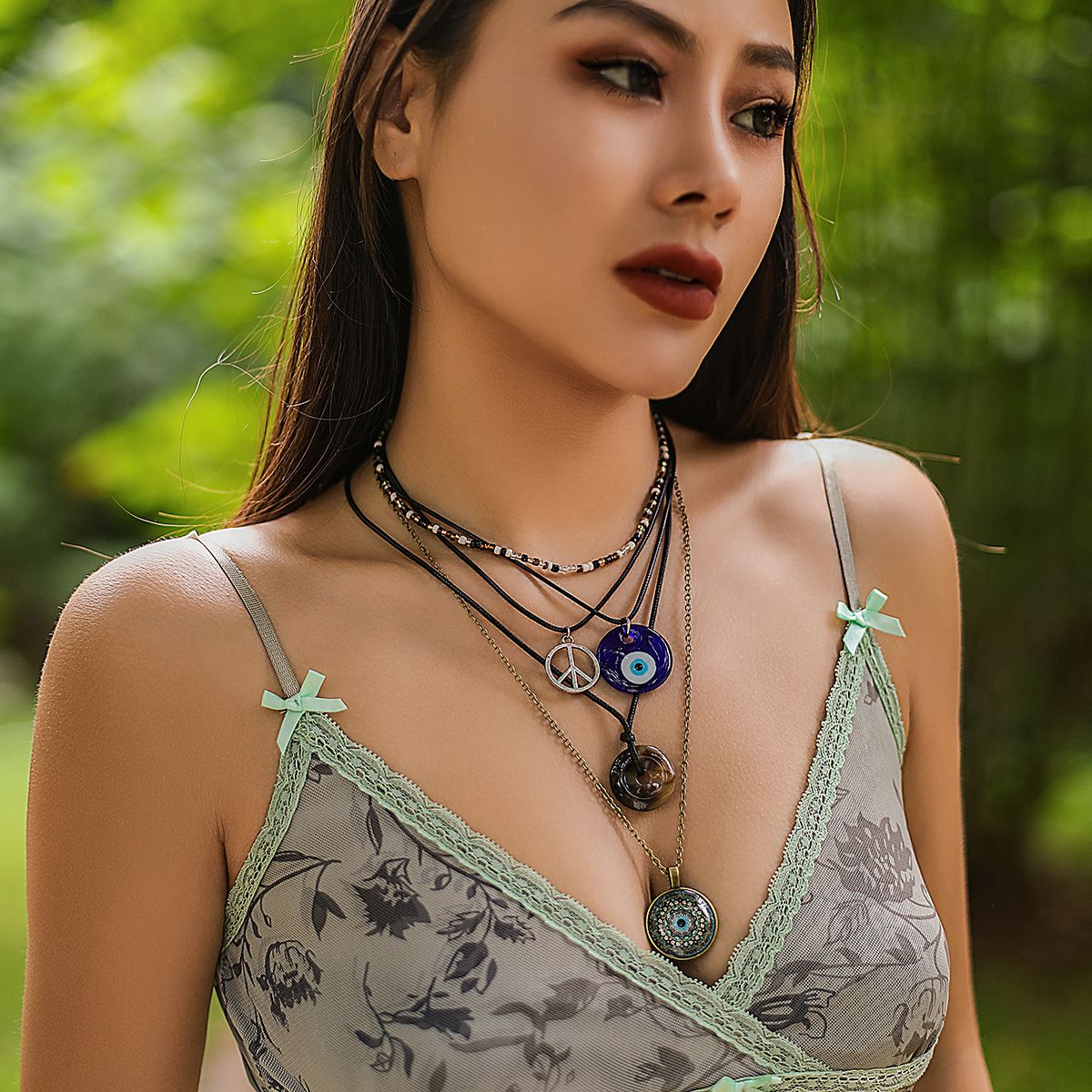 Bohemia Blue Eye Pendant Acrylic Beads Necklace for Women Multi-layer Black Wax Cord Rope Charm Choker Fashion Jewelry New
