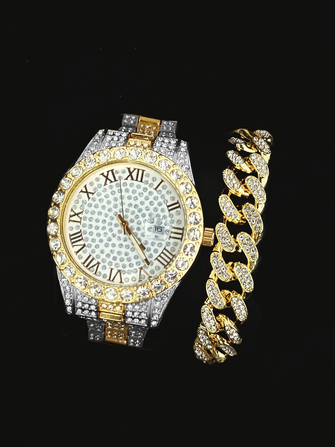 2-piece watch+chain hip-hop stainless steel gold calendar watch men's ice paved with rhinestones men's watch gift(1*watch1*bracelet)