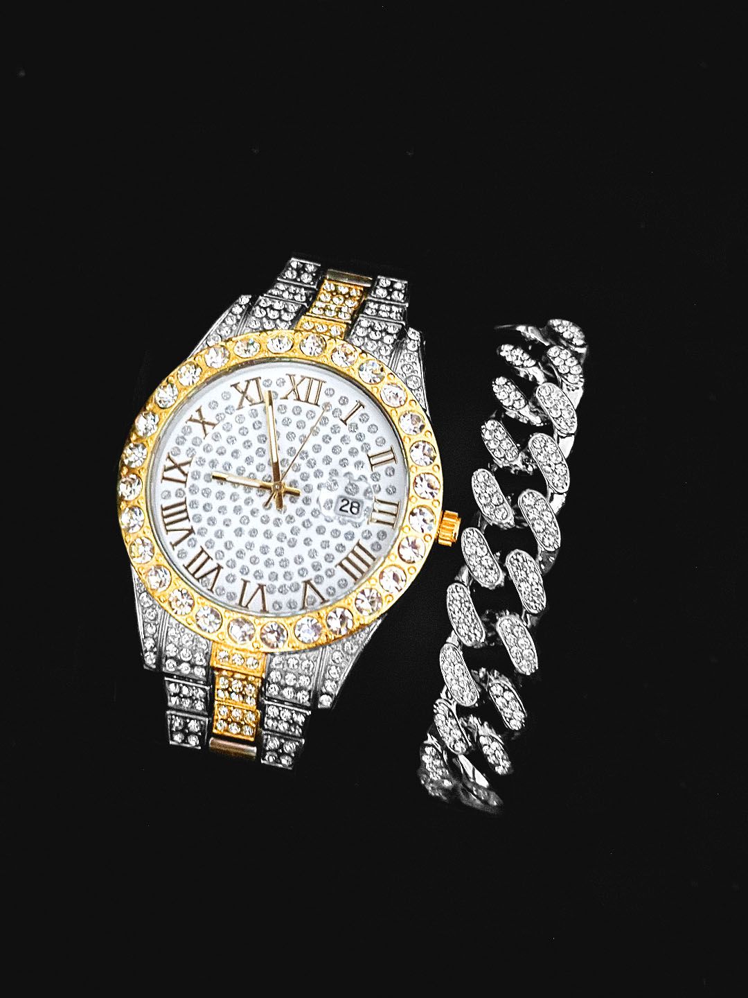 2-piece watch+chain hip-hop stainless steel gold calendar watch men's ice paved with rhinestones men's watch gift(1*watch1*bracelet)