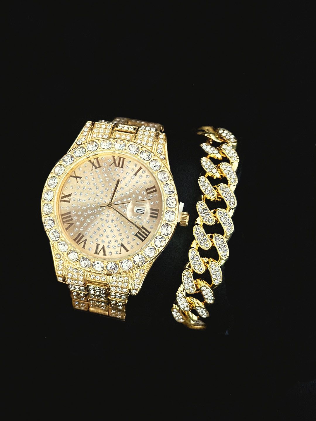 2-piece watch+chain hip-hop stainless steel gold calendar watch men's ice paved with rhinestones men's watch gift(1*watch1*bracelet)