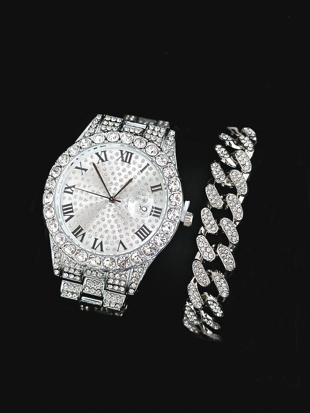 2-piece watch+chain hip-hop stainless steel gold calendar watch men's ice paved with rhinestones men's watch gift(1*watch1*bracelet)