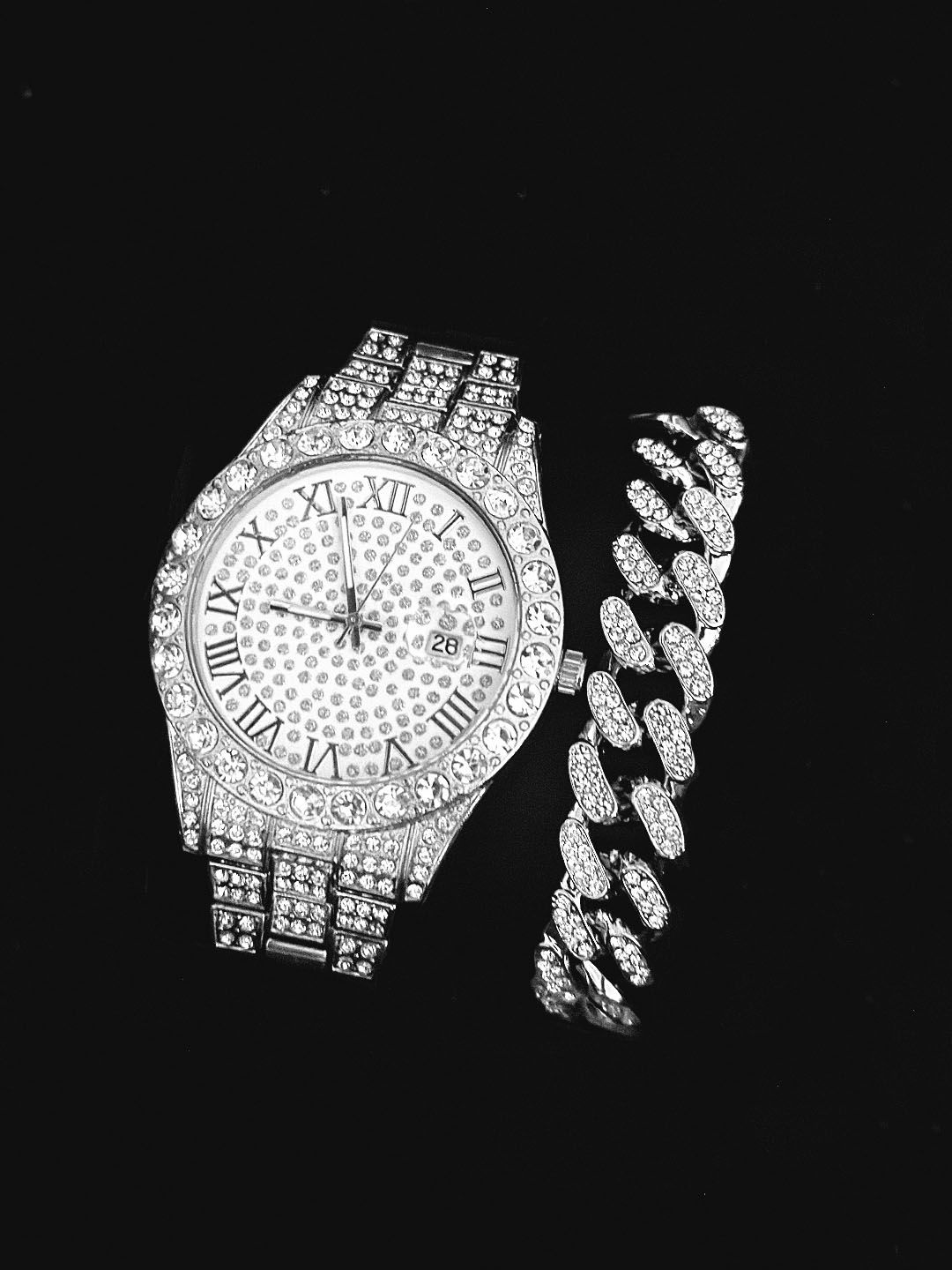 2-piece watch+chain hip-hop stainless steel gold calendar watch men's ice paved with rhinestones men's watch gift(1*watch1*bracelet)