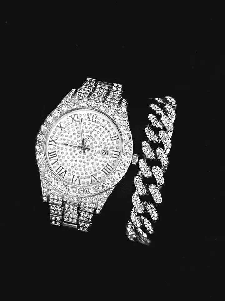 2-piece watch+chain hip-hop stainless steel gold calendar watch men's ice paved with rhinestones men's watch gift(1*watch1*bracelet)