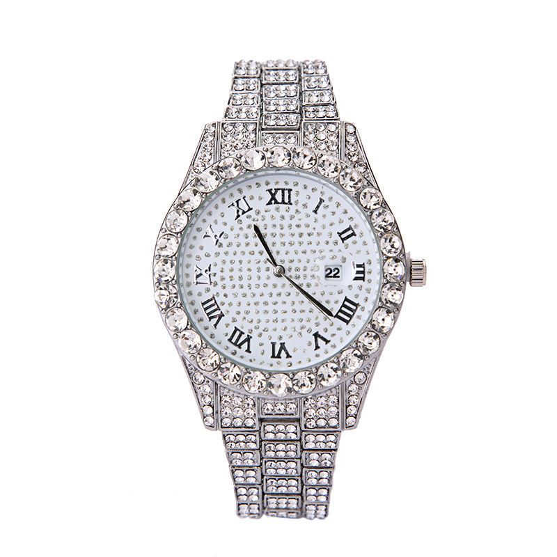 2-piece watch+chain hip-hop stainless steel gold calendar watch men's ice paved with rhinestones men's watch gift(1*watch1*bracelet)