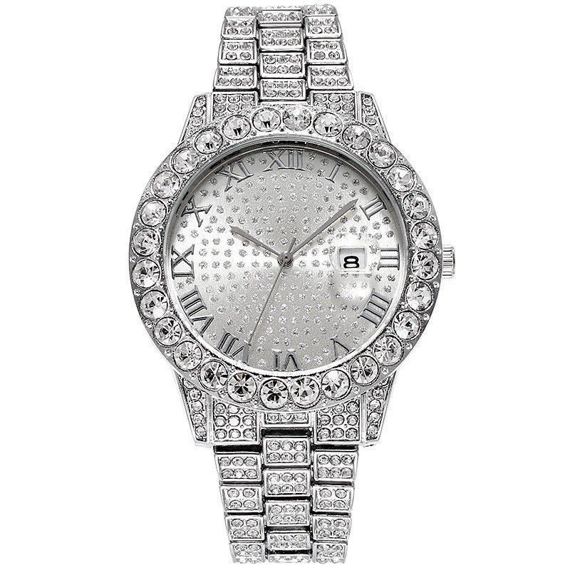 2-piece watch+chain hip-hop stainless steel gold calendar watch men's ice paved with rhinestones men's watch gift(1*watch1*bracelet)