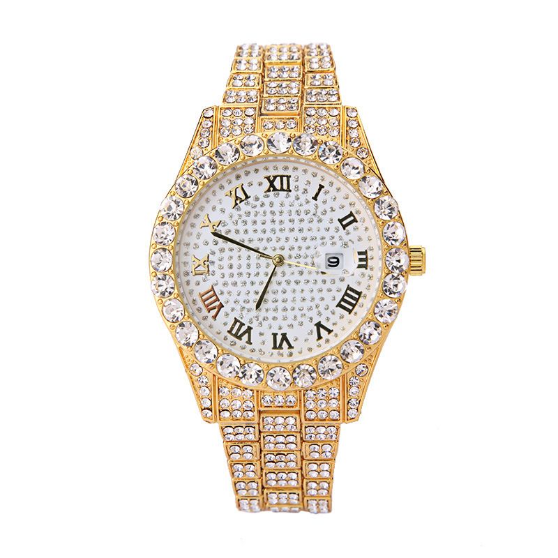 2-piece watch+chain hip-hop stainless steel gold calendar watch men's ice paved with rhinestones men's watch gift(1*watch1*bracelet)