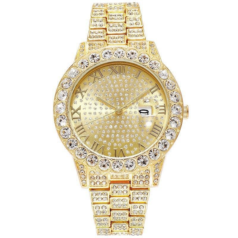 2-piece watch+chain hip-hop stainless steel gold calendar watch men's ice paved with rhinestones men's watch gift(1*watch1*bracelet)