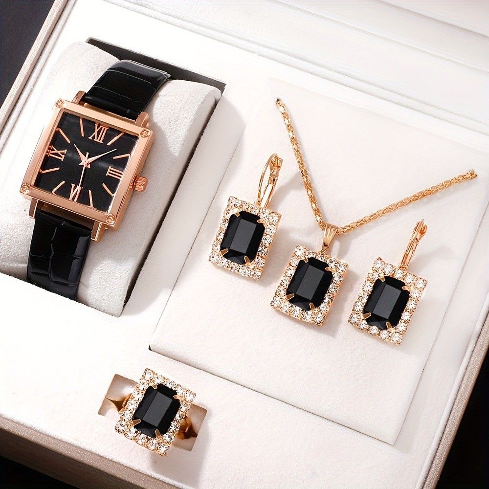 4PCS luxury fashion square ladies watch brand ladies Shi Ying watch jewelry set classic minimalist ladies watch