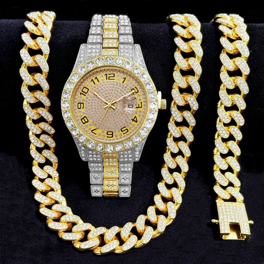 3pcs/set 13mm Necklace+Bracelet+Watch Cuban Chain Watch Hip Hop Miami Curb Iced Out Paved Rhinestone Rapper Cuban men Jewelry（1*watch1*bracelet1*necklace)