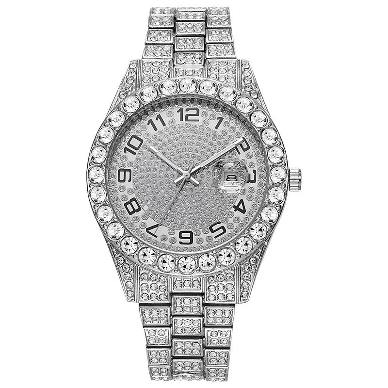 3pcs/set 13mm Necklace+Bracelet+Watch Cuban Chain Watch Hip Hop Miami Curb Iced Out Paved Rhinestone Rapper Cuban men Jewelry（1*watch1*bracelet1*necklace)