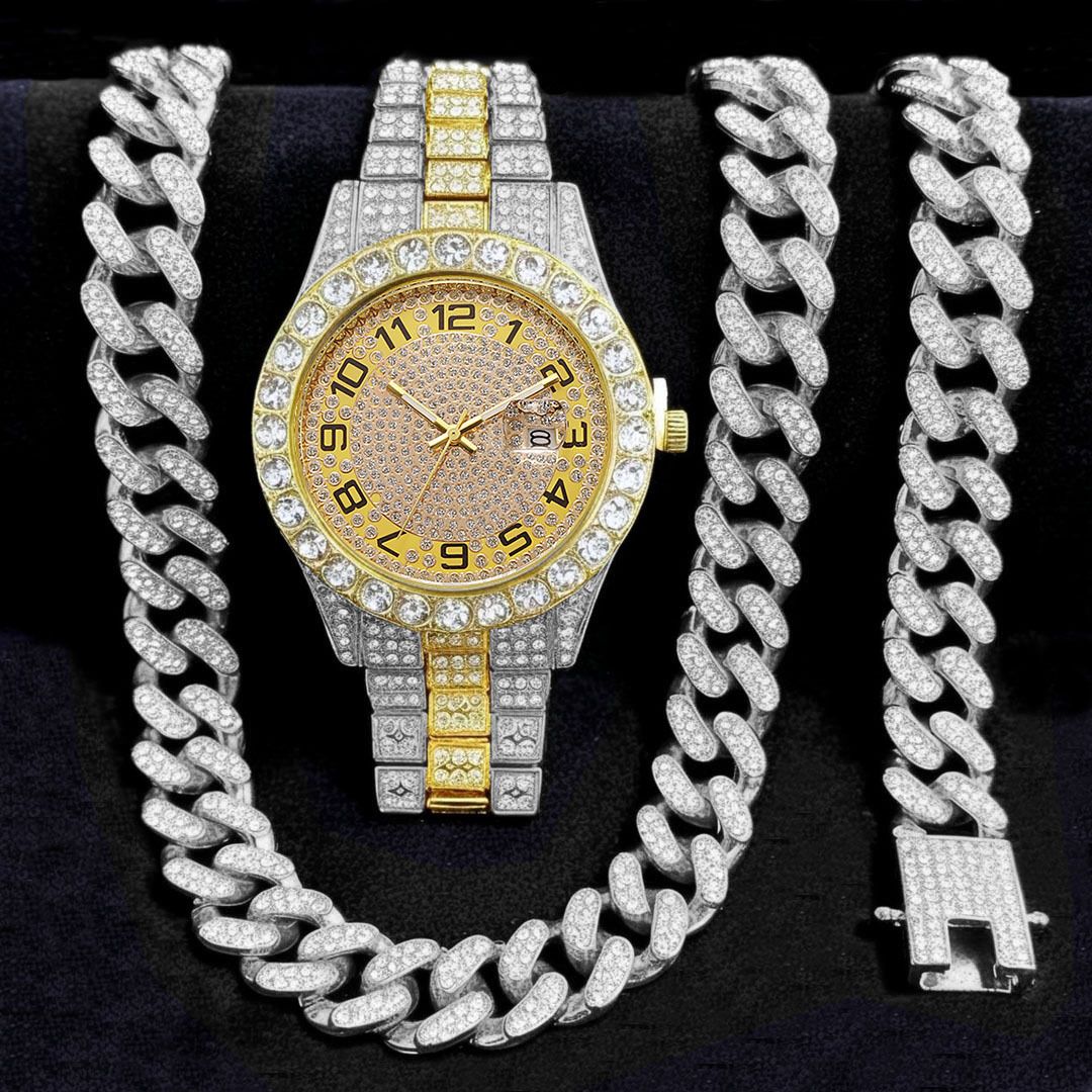 3pcs/set 13mm Necklace+Bracelet+Watch Cuban Chain Watch Hip Hop Miami Curb Iced Out Paved Rhinestone Rapper Cuban men Jewelry（1*watch1*bracelet1*necklace)