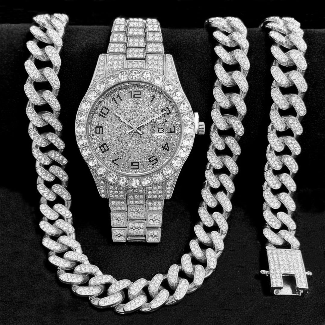 3pcs/set 13mm Necklace+Bracelet+Watch Cuban Chain Watch Hip Hop Miami Curb Iced Out Paved Rhinestone Rapper Cuban men Jewelry（1*watch1*bracelet1*necklace)