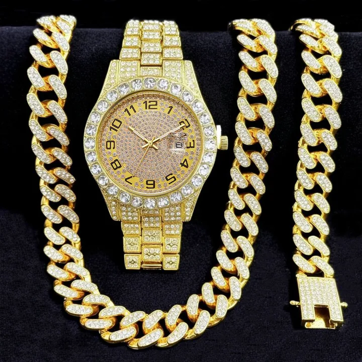 3pcs/set 13mm Necklace+Bracelet+Watch Cuban Chain Watch Hip Hop Miami Curb Iced Out Paved Rhinestone Rapper Cuban men Jewelry（1*watch1*bracelet1*necklace)