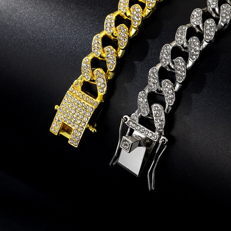 3pcs/set 13mm Necklace+Bracelet+Watch Cuban Chain Watch Hip Hop Miami Curb Iced Out Paved Rhinestone Rapper Cuban men Jewelry（1*watch1*bracelet1*necklace)