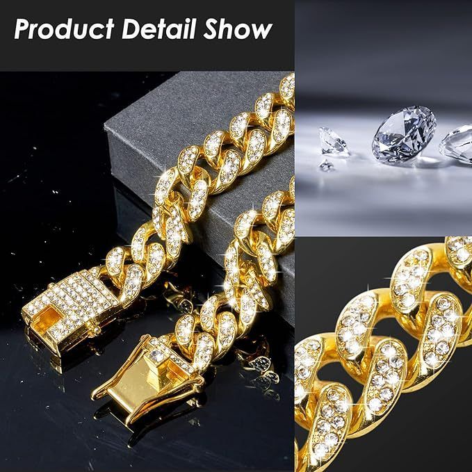 3pcs/set 13mm Necklace+Bracelet+Watch Cuban Chain Watch Hip Hop Miami Curb Iced Out Paved Rhinestone Rapper Cuban men Jewelry（1*watch1*bracelet1*necklace)