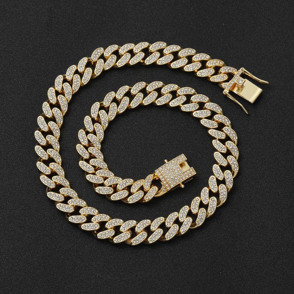 3pcs/set 13mm Necklace+Bracelet+Watch Cuban Chain Watch Hip Hop Miami Curb Iced Out Paved Rhinestone Rapper Cuban men Jewelry（1*watch1*bracelet1*necklace)