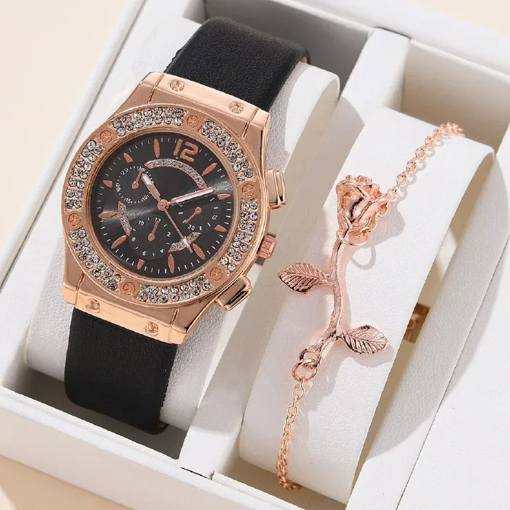 2pcs Watches Set Luxury Rhinestone Women Fashion Elegant Quartz Wristwatch and Bracelet for Girl Ladies Clock
