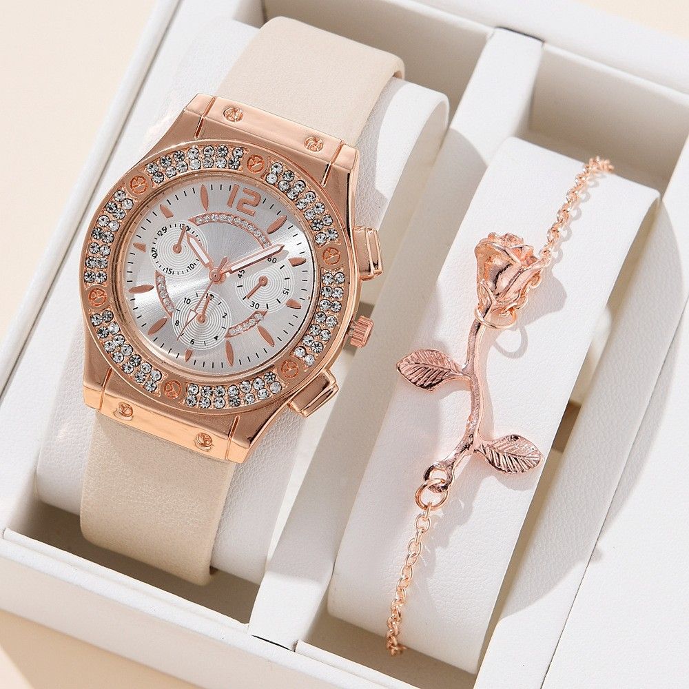 2pcs Watches Set Luxury Rhinestone Women Fashion Elegant Quartz Wristwatch and Bracelet for Girl Ladies Clock