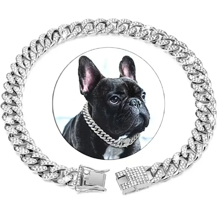 European And American Fashionable Pet Dog Collars And Necklaces Studded With Diamonds Cuban Chain Dog Collars Dog Chains Lock Clasps Gold And Silver Cool And Handsome