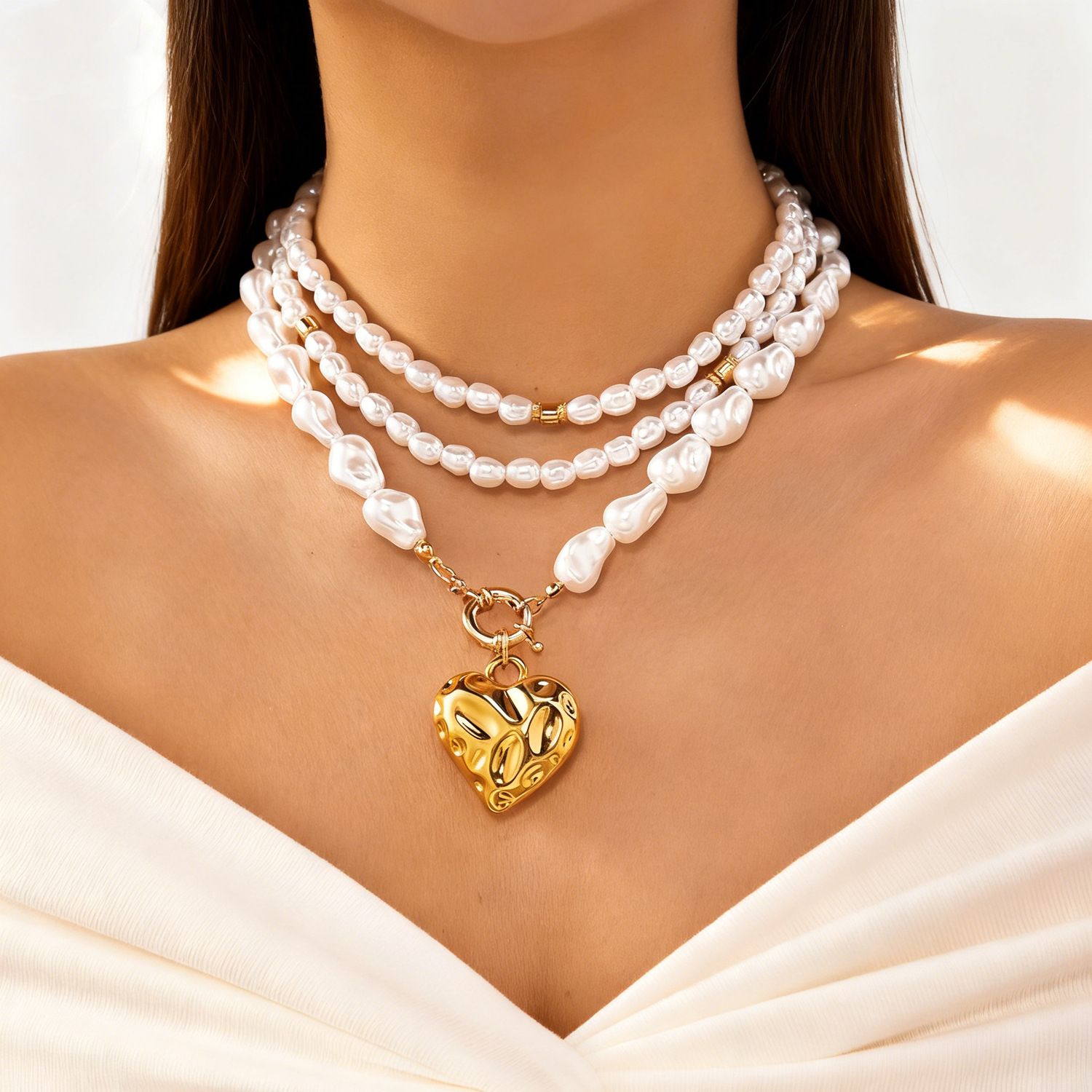 Salircon 3pcs/set Fashion Luxury Imitation Pearl Rhinestone Flower Beads Choker Necklace Men Exquisite Cross Pendant Jewelry