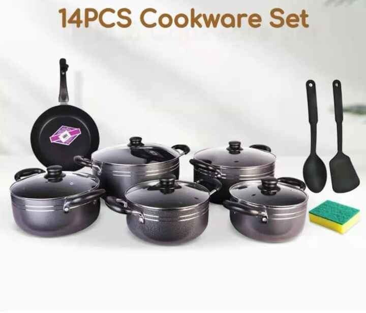TC 14 Pieces Non-Stick Black Coated Cooking Pot/Sufuria with frying pan
