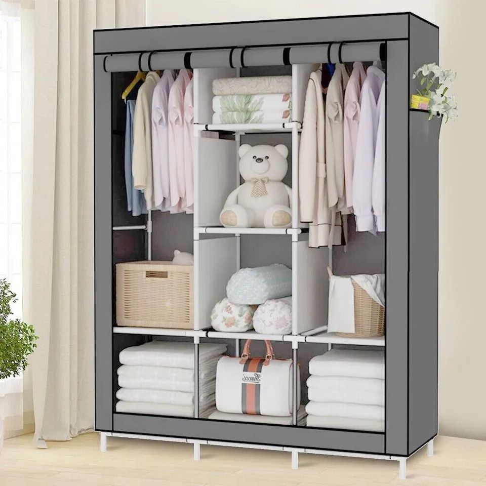 Modern Collection Wooden Wardrobe Classic Portable 3Column Closet Clothes Storage Organizer Rack Shelves, Non-Woven Fabric Cover Standing Closet with 2 Hanging Rods,