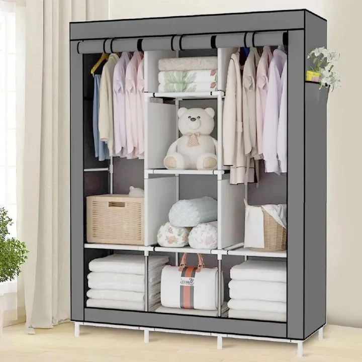 Modern Collection Wooden Wardrobe Classic Portable 3Column Closet Clothes Storage Organizer Rack Shelves, Non-Woven Fabric Cover Standing Closet with 2 Hanging Rods,