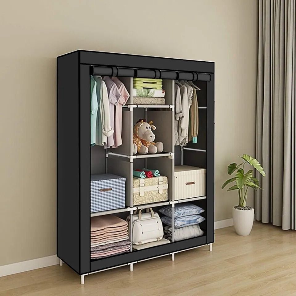 Modern Collection Wooden Wardrobe Classic Portable 3Column Closet Clothes Storage Organizer Rack Shelves, Non-Woven Fabric Cover Standing Closet with 2 Hanging Rods,