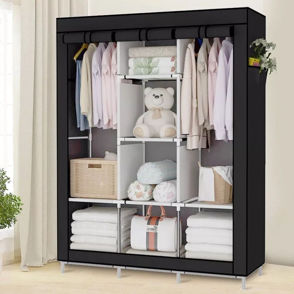 Modern Collection Wooden Wardrobe Classic Portable 3Column Closet Clothes Storage Organizer Rack Shelves, Non-Woven Fabric Cover Standing Closet with 2 Hanging Rods,