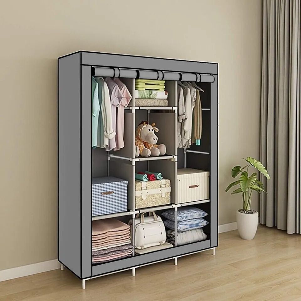 Modern Collection Wooden Wardrobe Classic Portable 3Column Closet Clothes Storage Organizer Rack Shelves, Non-Woven Fabric Cover Standing Closet with 2 Hanging Rods,