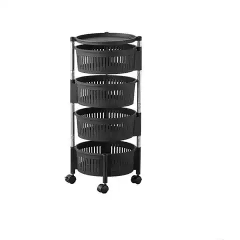 4-Tier Metal Round Rotating Vegetable Storage Tower Unit Shelves Rack Organizer. Baskets on Wheels in Kitchen and Household Corner for Fruits, Grocery, Corns or Potatoes, Detachable Baskets and modern