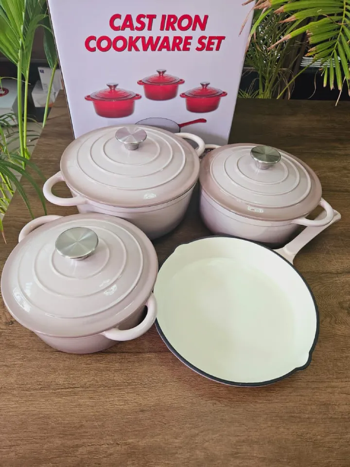 7pieces cast iron cookware set Contains 3 sufurias,3 lids,1 pan, Heavy-Duty Cooking, Baking & Serving Pots. Durable cast iron with enamel coating that prevents sticking and allows effortless cleaning.