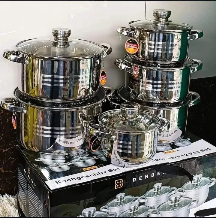 12pc Set Edenberg 4037. Heavy duty stainless steel Cookware set Calibrated for content measuring,induction friendly| stainless steel bottom. Modern cookware set with lid. Durable and easy to clean.